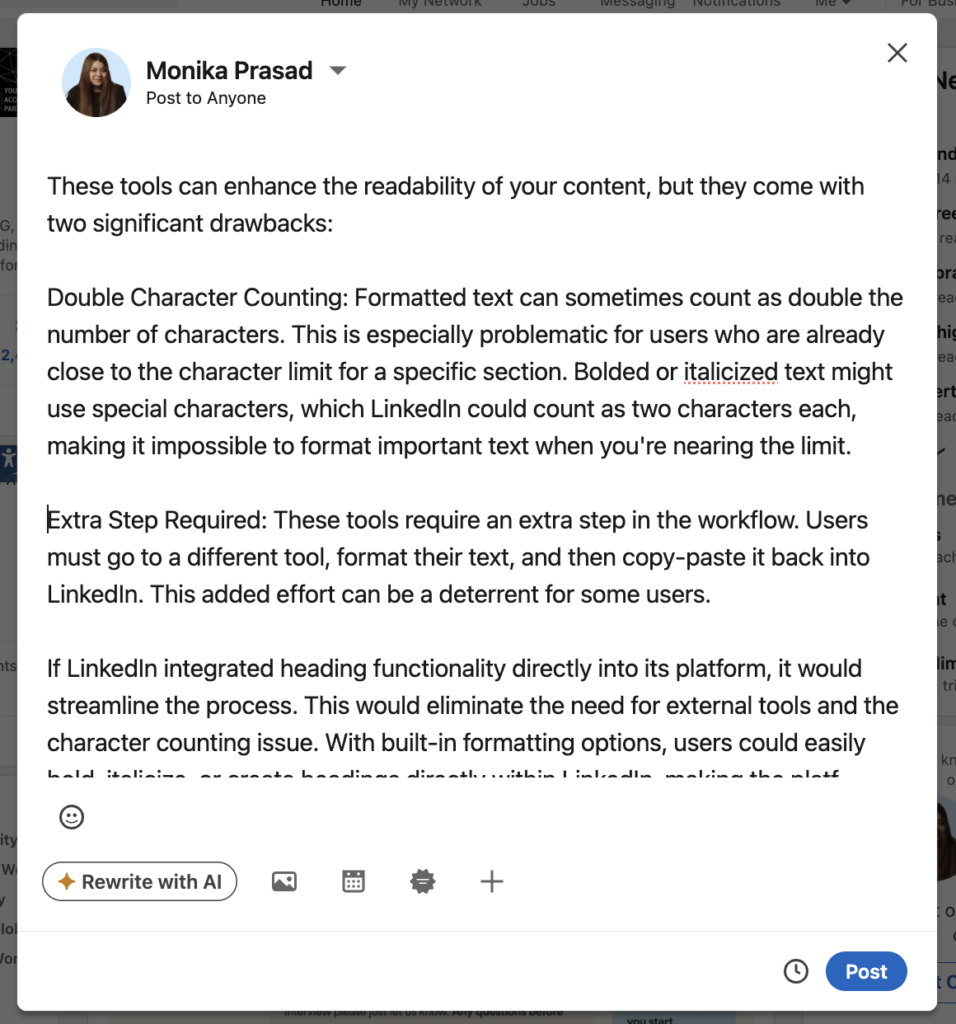 A LinkedIn post draft containing two sections with headings: "Double Character Counting" and "Extra Step Required." The text explains issues with formatting tools in LinkedIn but lacks proper heading formatting, making the post appear cluttered and difficult to read.
